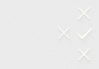 A pattern of white checkmarks, circles, and crosses. 3d rendering on the web, Internet, games, gaming, business, work. Grey background.