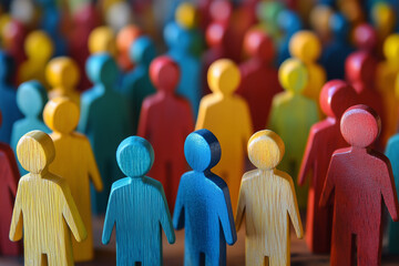 Colorful wooden figurines standing in rows, resembling a diverse crowd or community