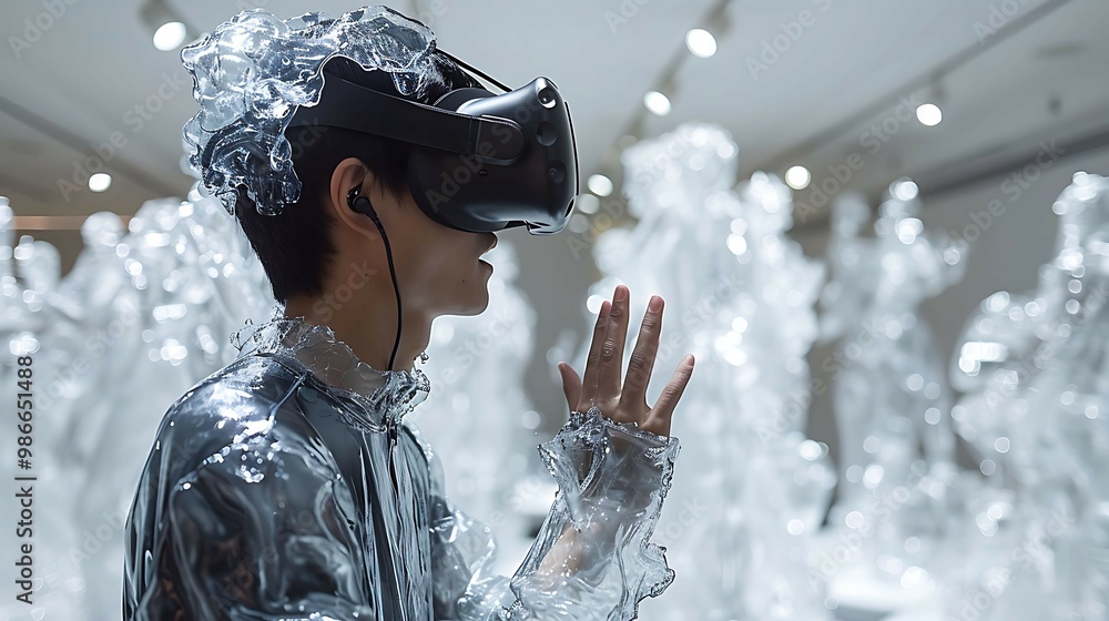 Poster immersive ar art exhibit using headset allowing viewers to step into a world where physical sculptur