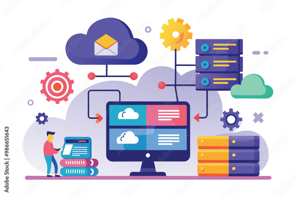 Poster a detailed vector illustration showcasing cloud storage data management with servers, gears, and a c