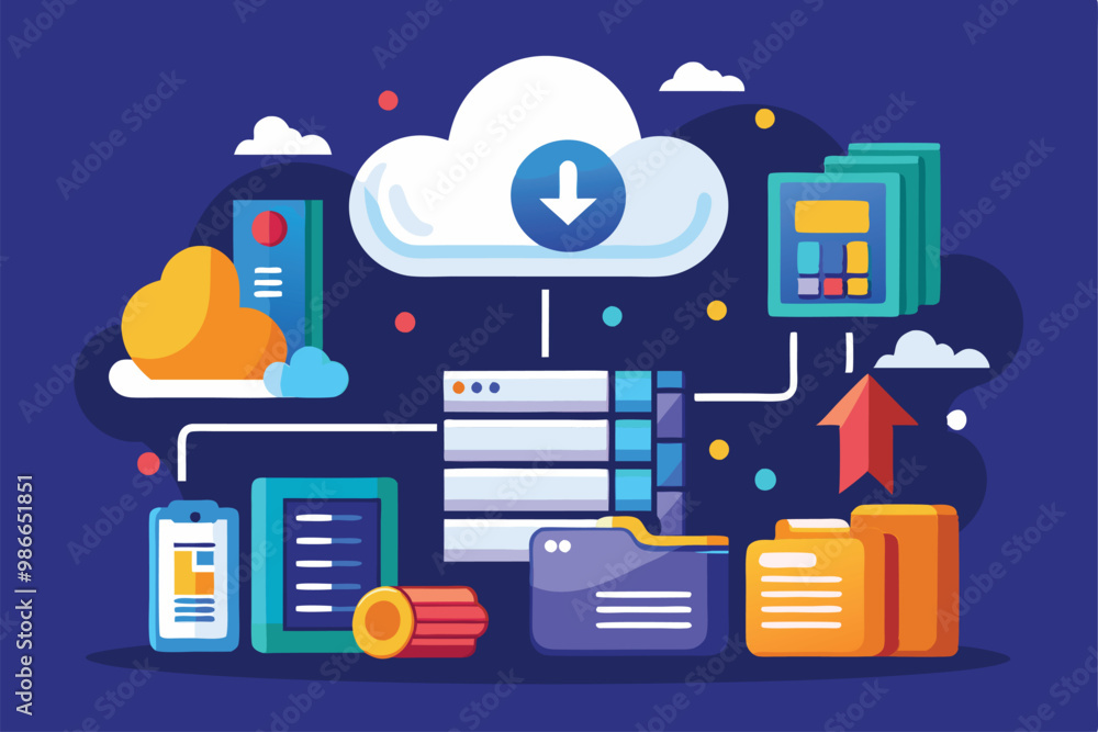 Poster illustration shows a cloud storage system with components for file download protection and data mana