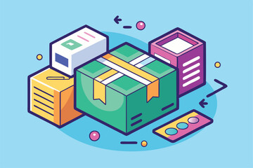Colorful boxes representing cod package transactions are displayed together on a light blue backdrop, COD package transactions, simple illustration