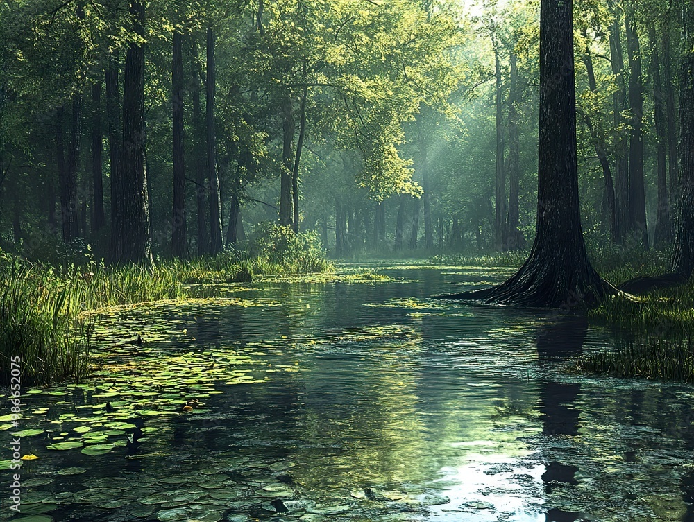 Canvas Prints Tranquil Forest River - Sunlight Through Trees