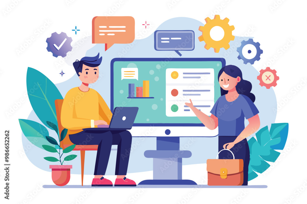Poster two professionals discuss ideas in a modern workspace featuring a computer screen and visual element