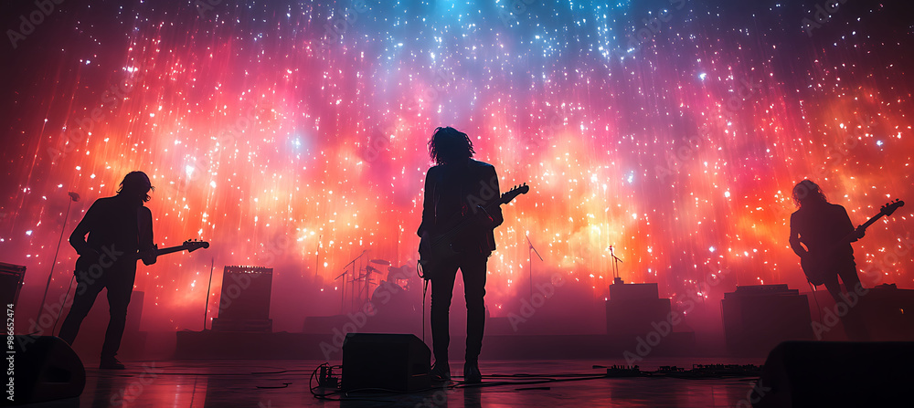 Poster interactive ar art overlaying outdoor concert where digital visuals react to the music transforming 