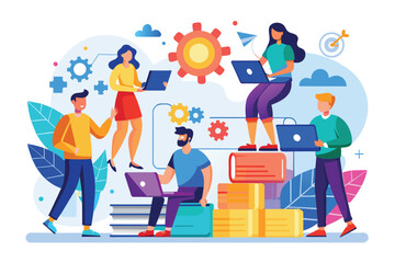 Fototapeta premium A group of diverse individuals collaborates in a bright, modern environment, sharing ideas and technology, Collaboration and teamwork illustrated in a flat design.