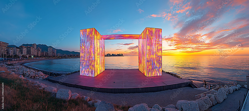 Poster interactive ar art overlaying outdoor concert where digital visuals react to the music transforming 