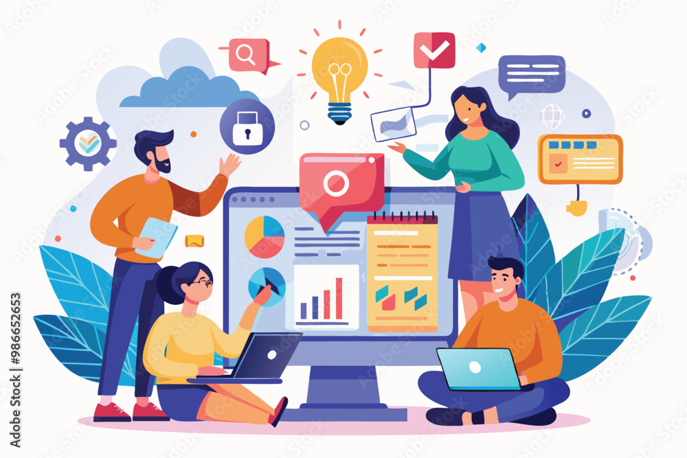 Poster a group of people collaborates enthusiastically, creating vibrant flat illustrations in a modern wor