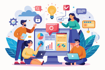 A group of people collaborates enthusiastically, creating vibrant flat illustrations in a modern workspace, Collaboration on creating content with flat illustrations.