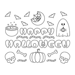 Halloween coloring book for adults and children with a ghost, skulls, worms, pumpkin, bats and lettering 