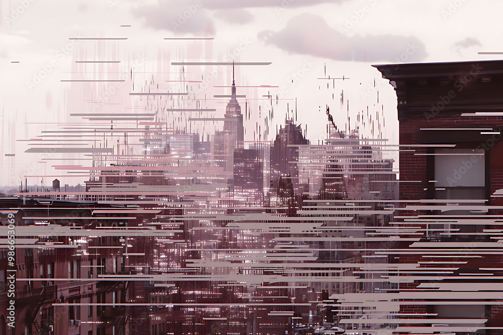Poster interactive ar art transforming city's skyline into a digital canvas where skyscrapers display abstr