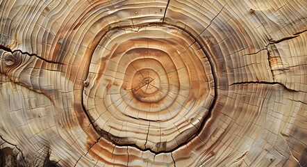 Naklejka premium A Close-Up View of a Tree’s Life Through Its Rings and Cracks, Revealing the Beauty and Complexity of Growth Over Time. Close-up of a cross-section of a tree trunk.