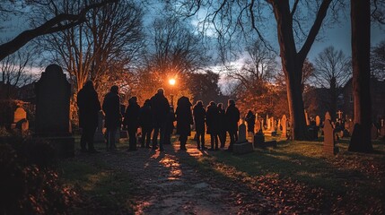 A group of people on a Halloween historical tour, guided through a spooky old cemetery at dusk, with tales of ghosts and legends.