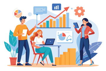 A group of colleagues collaborates on company growth charts, discussing strategies and insights, Colleagues study company growth charts, which are flat.
