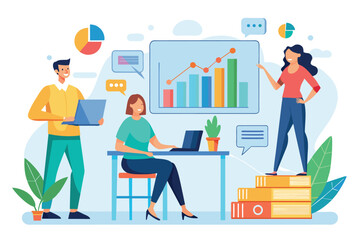 Two colleagues work with growth charts while another presents insights in a collaborative office atmosphere, Colleagues studying growth charts, flat illustration.