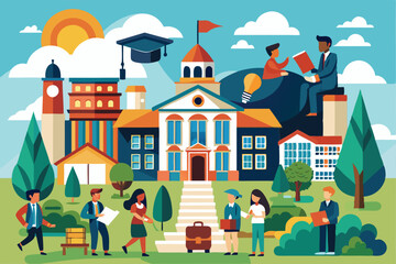 This vibrant illustration depicts various college admission activities and preparations in a lively academic setting, College admission Customizable Disproportionate Illustration simplified.