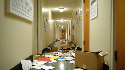 a cluttered hallway with unopened mail and discarded packaging