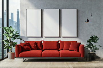 A cozy modern room interior featuring a vibrant red sofa and three blank canvases beside a stunning urban view