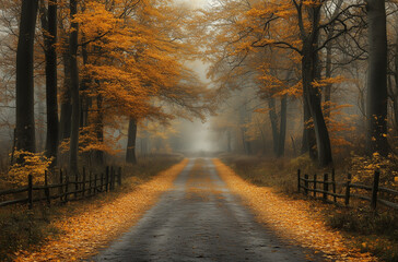 Obraz premium Quiet Park Lane Covered with a Thick Layer of Yellow Leaves: Autumn's Beauty Unfolded