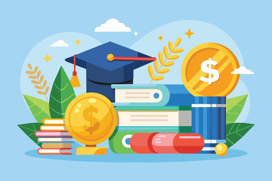 This illustration showcases elements of college tuition including a graduation cap, books, and money symbols, College tuition graduation, scholarship education, flat illustration.
