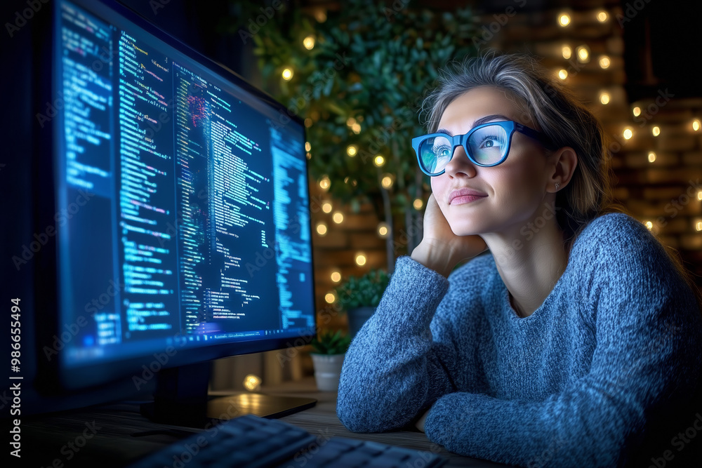 Aufkleber young woman coding on a computer at night surrounded by warm lights while deep in thought