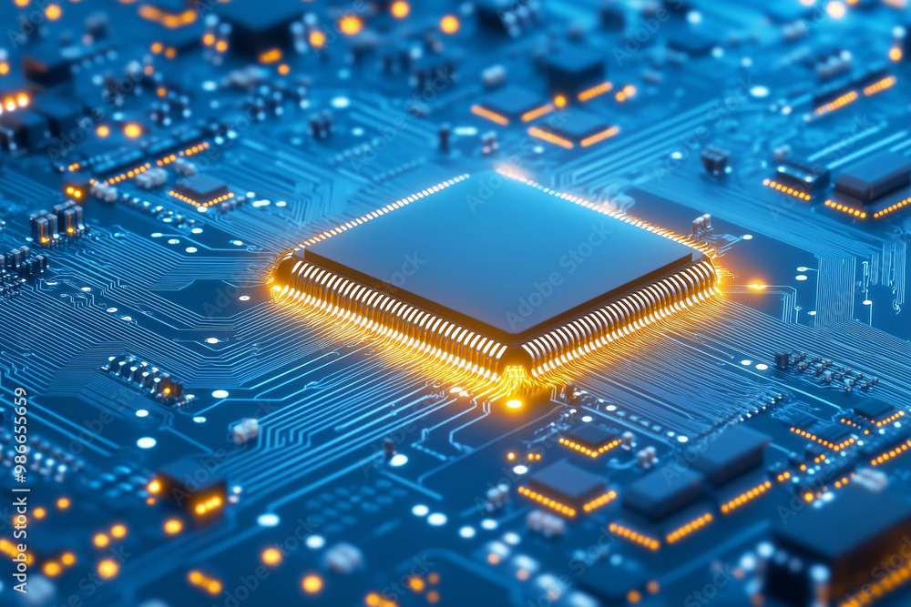 Poster close-up view of a microprocessor on a circuit board with illuminated connections and pathways