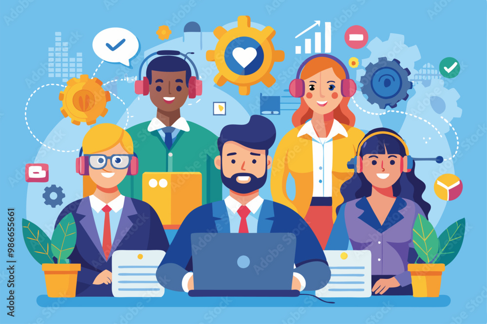 Poster team of customer service operators collaborates on tasks while providing support in an office enviro