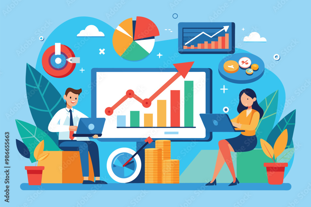 Poster analysts evaluate company performance metrics with graphs and charts indicating no growth trend in 2