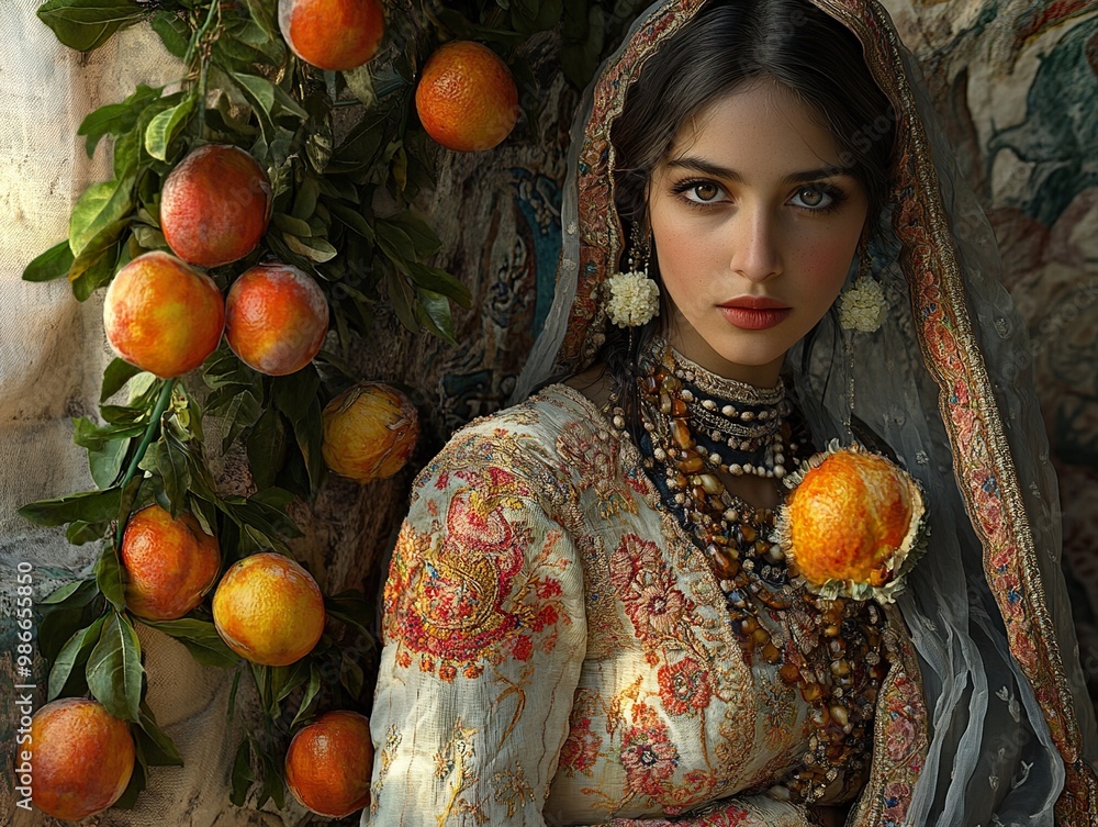 Wall mural portrait of a woman in traditional indian dress with oranges