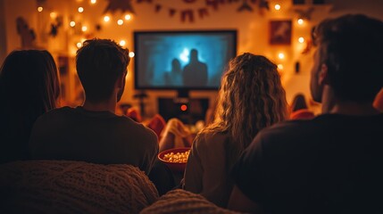 A group of friends watching a Halloween horror movie marathon, surrounded by spooky decorations, popcorn, and dim lighting to set the mood.
