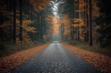 Empty Forest Road Covered in Fallen Leaves: A Dense Autumnal Canopy