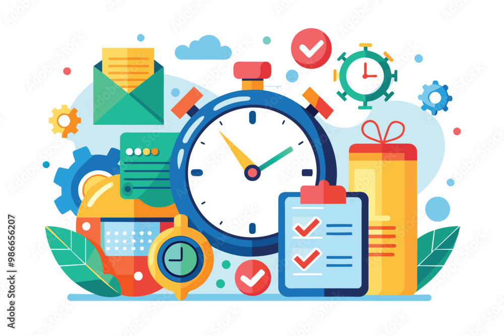 Poster a colorful drawing emphasizes the significance of timely task completion with clocks and checklists,