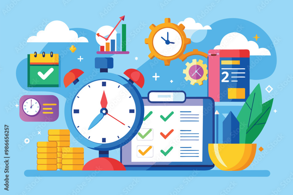 Poster a vibrant setting of clocks, checklists, and charts to emphasize completing tasks on schedule, compl