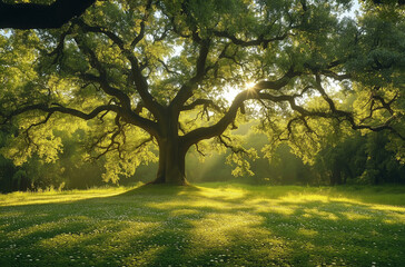 Fototapeta premium Majestic Park Featuring a Grand Ancient Oak Tree, a Historic Natural Wonder