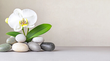 a zen-inspired product showcase with river stones and a single orchid bloom