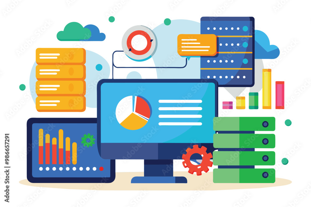 Poster colorful illustration depicting computer data storage analysis with charts, graphs, and servers in a