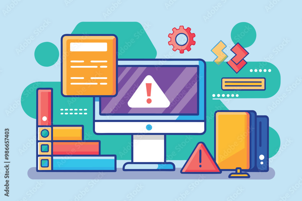Poster a flat illustration showing a computer with a prominent error message and warning signs featuring va