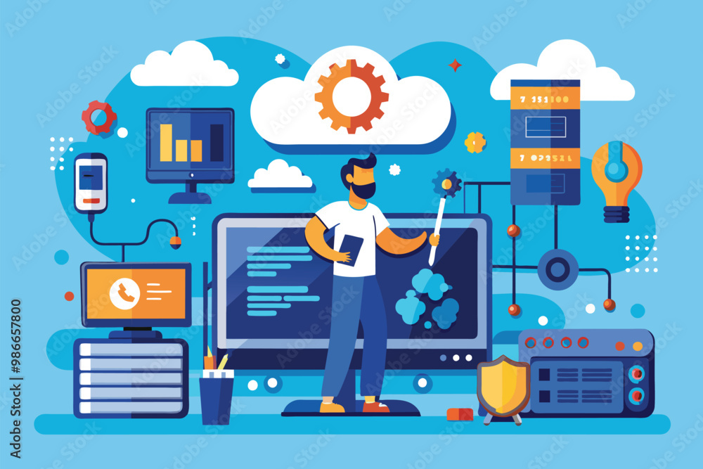 Poster a person engages in computer network troubleshooting with digital tools and graphs in a vibrant sett