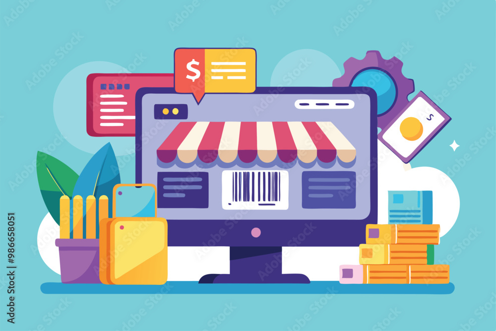 Aufkleber the graphic showcases a computer sales website with highlighted barcode payment and related products