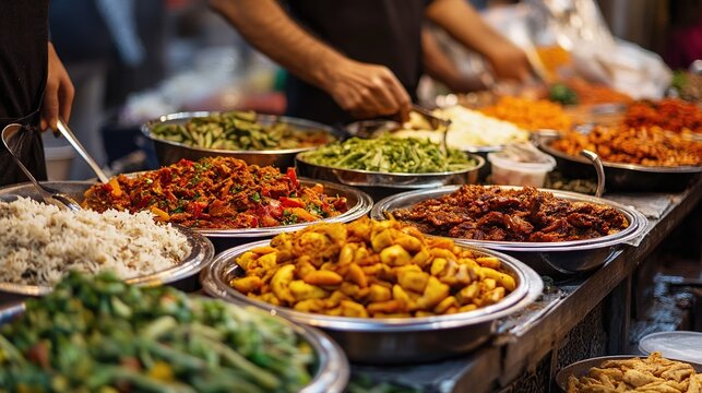 A group of food enthusiasts on a culinary adventure, exploring a vibrant street market filled with exotic foods, spices, and fresh ingredients.