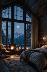 Luxurious double-height bedroom at night with mountain views and a cozy fireplace illuminating the serene space.