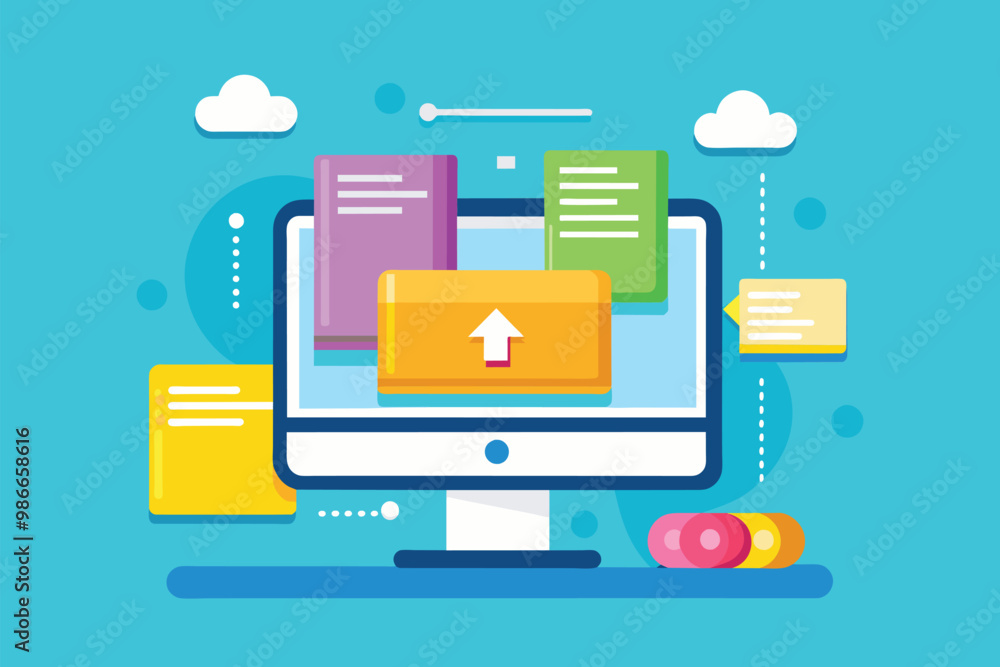 Poster files are actively downloading on a computer screen showcasing various colorful file icons and notif