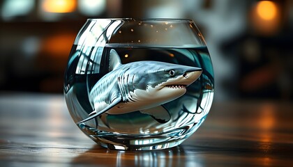 shark swimming in a glass of water, surreal and imaginative concept of marine life