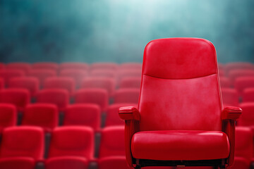Obraz premium Bright red cinema seat stands alone in an empty theater filled with shadows and misty atmosphere