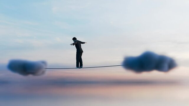 3d rendered animation of a man balancing while walking a tightrope between two clouds.