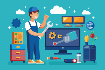 A technician is using tools to fix a computer screen in a bright, organized workspace, Computer technician fixing computer screen with tools, flat illustration.