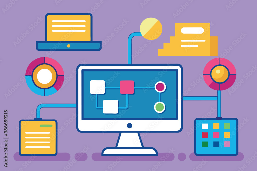 Poster a flowchart icon showcasing computer trends with various elements connected in a vibrant layout, com