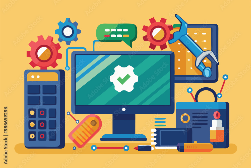 Aufkleber a colorful illustration showcasing various computer troubleshooting tools and elements essential for