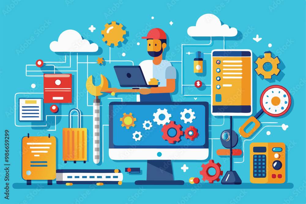 Poster a person works on troubleshooting a computer while surrounded by various tech equipment and tools, c