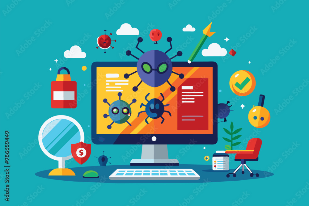 Aufkleber a flat illustration shows a computer display under a virus attack, featuring malware and security ic